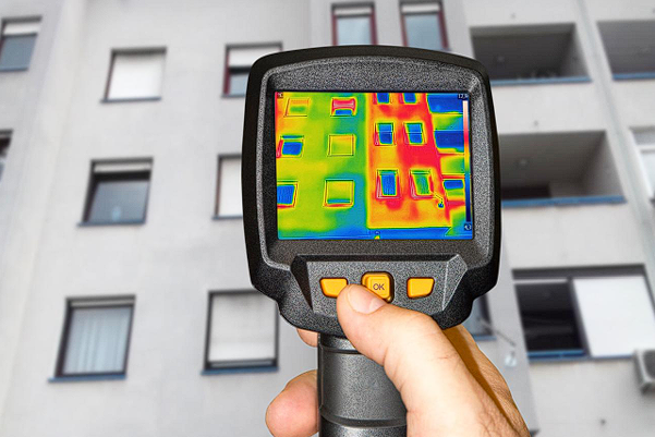 Thermografische Aufnahme eines Wohngebäudes mit Wärmebild-Kamera
