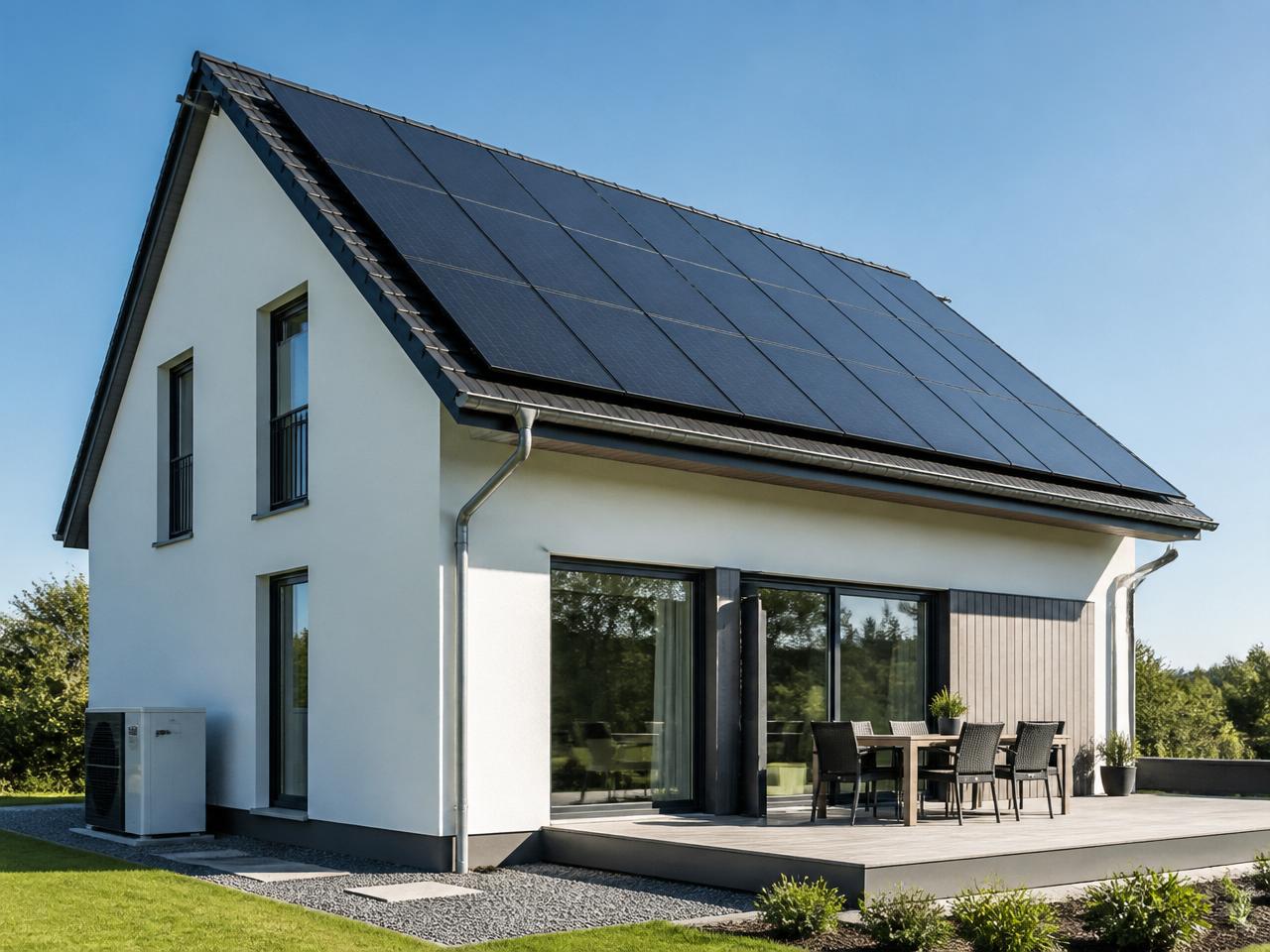 Haus mit Photovoltaik, Wärmepumpe und Batteriespeicher