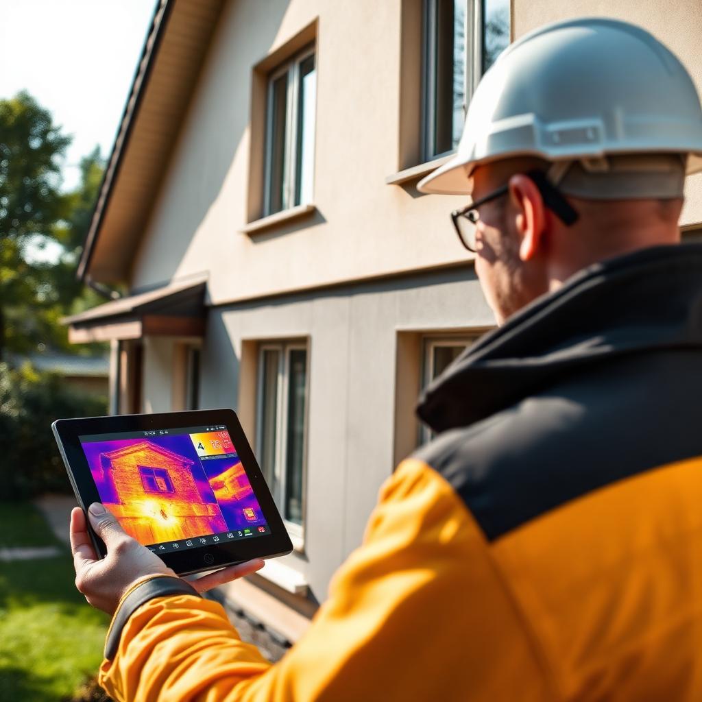 Energieberater nimmt mit Tablet und Thermografie das Gebäude vor Ort auf