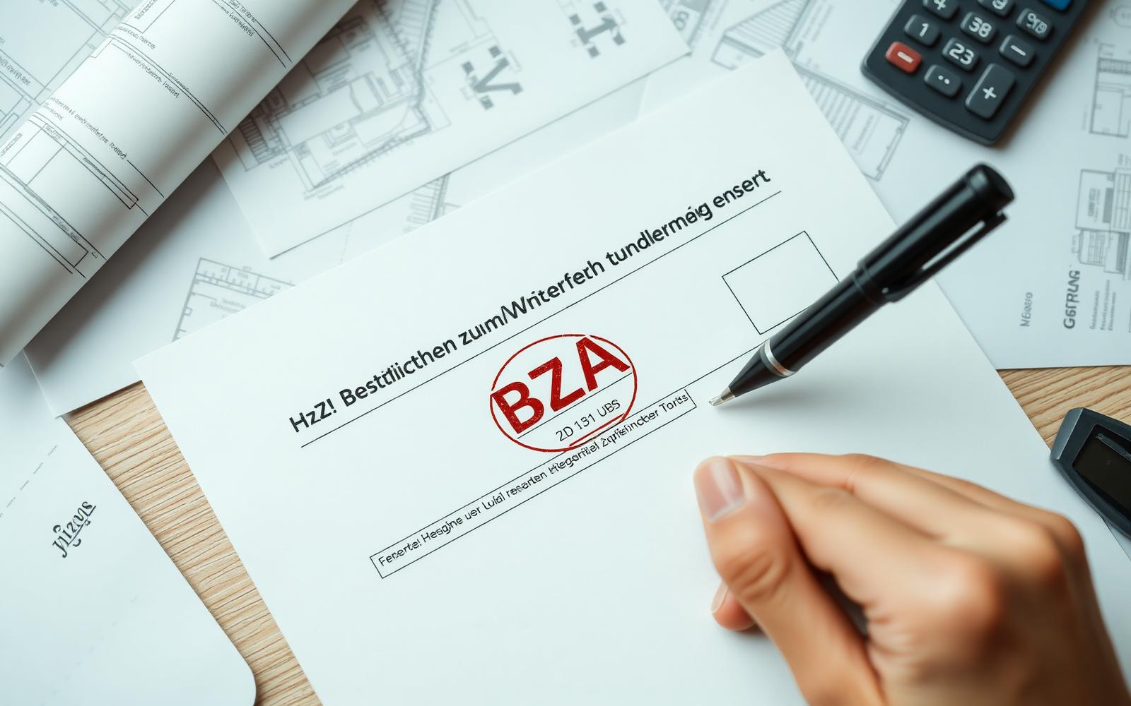 Förderantragsformular mit BzA-Stempel, Architekturplänen und Stift