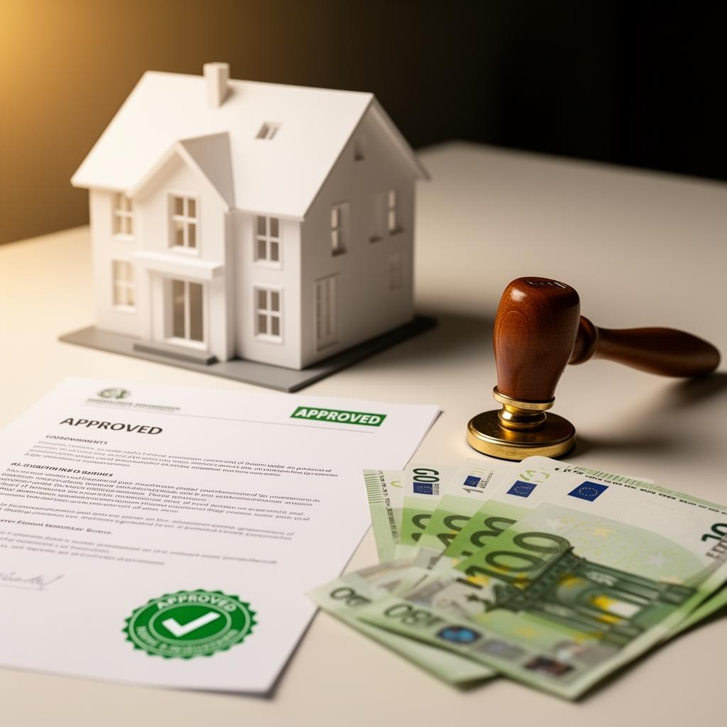Fördergebäude mit Euro-Schein und Zuschuss-Siegeln