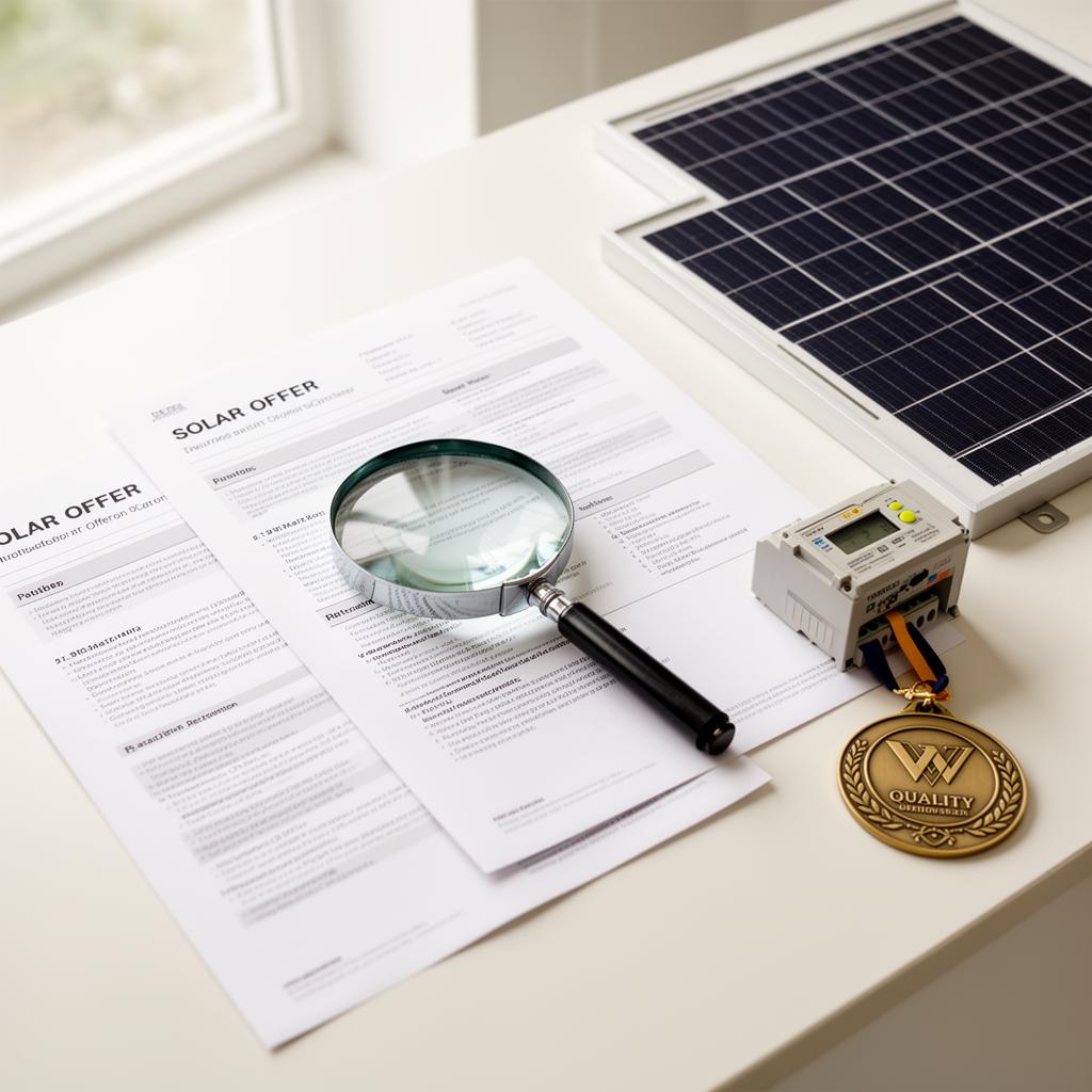 Lupe über zwei Angeboten mit Solarmodul, Wechselrichter und Qualitätsmedaille