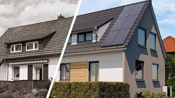 Sanierungsarbeiten an einer Hausfassade mit Gerüst