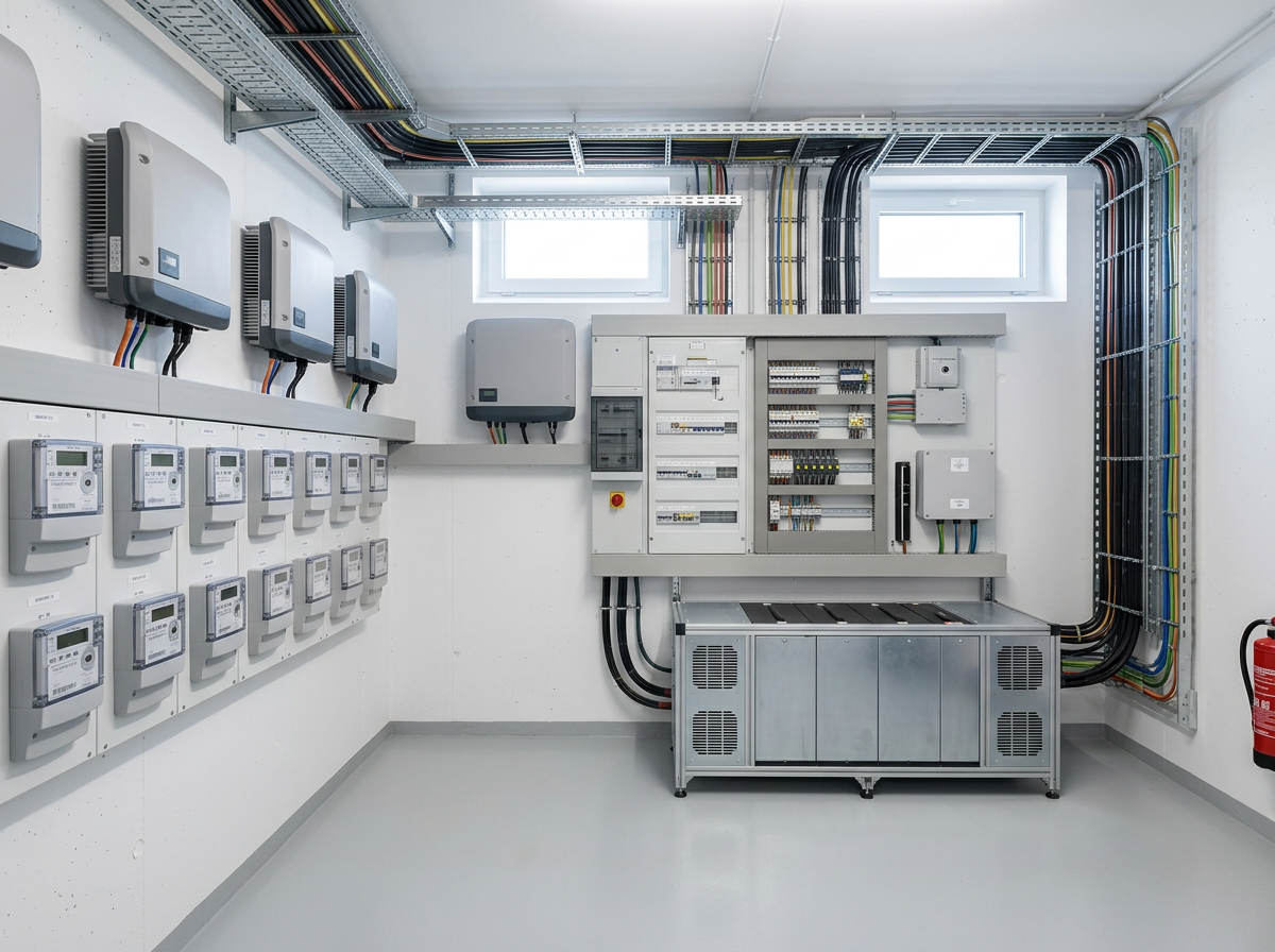 Moderner Technikraum mit Wärmepumpe, Speicher und Verteilung
