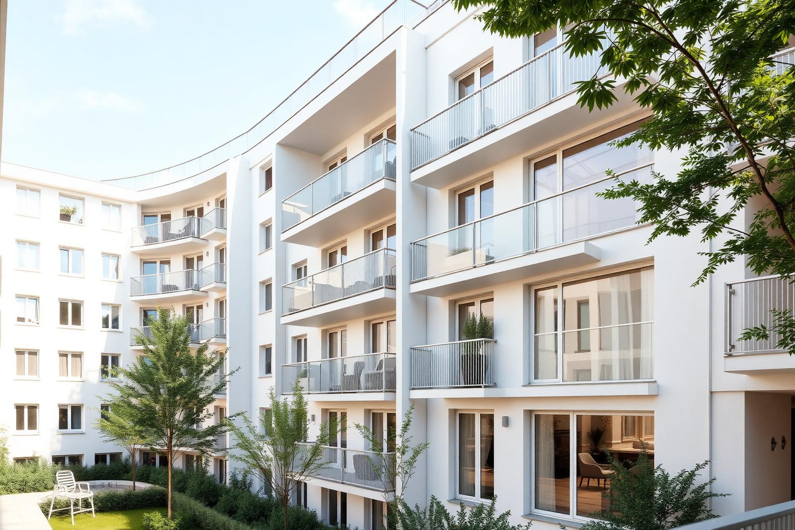 Modernes Mehrfamilienhaus mit Balkonen in der Dämmerung