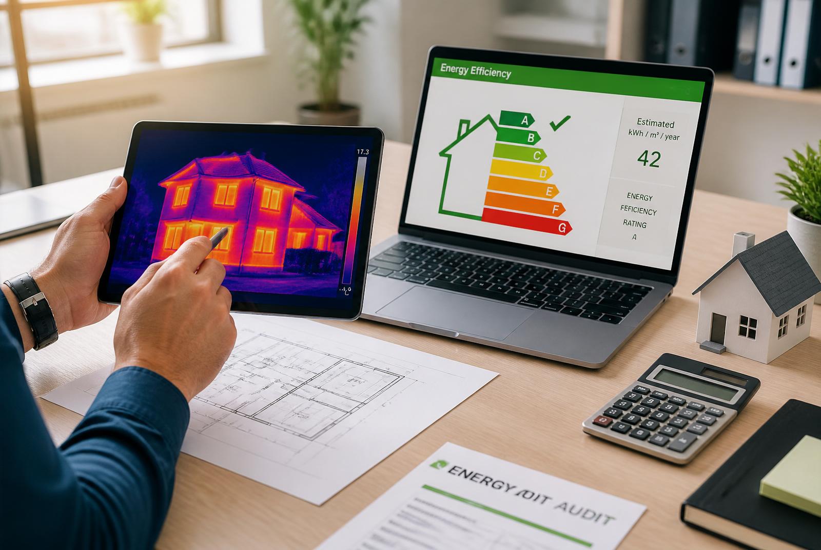 Energieberater mit Tablet auf einer Baustelle vor modernem Gebäude
