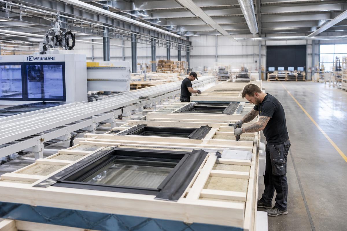 Vorfertigung von gedämmten Fassadenelementen mit Fenstern in der Werkshalle