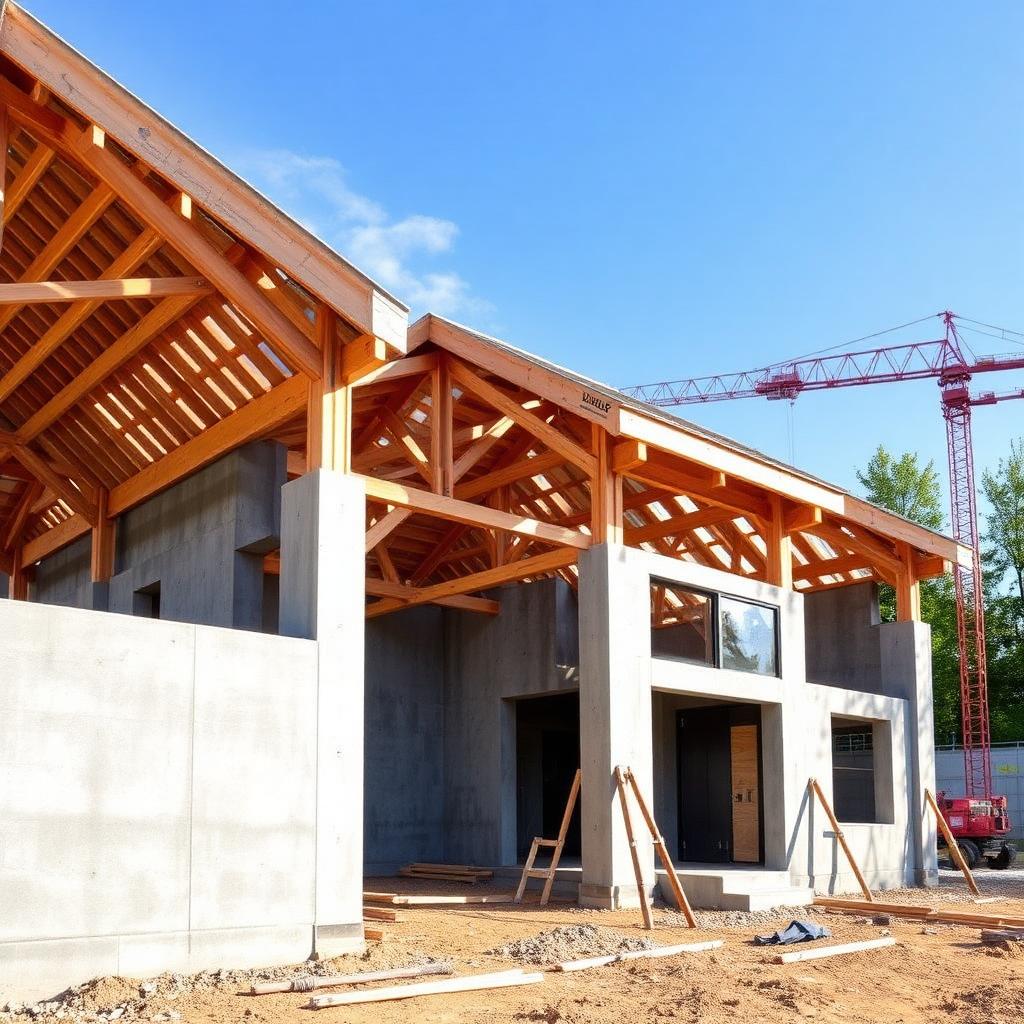 Sichtbarer Dachstuhl mit tragender Holzkonstruktion im Rohbau